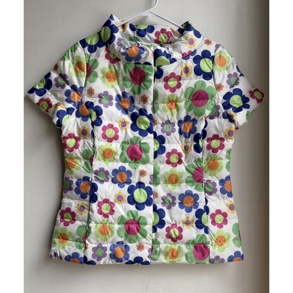 My Anorak Floral Down Jacket Women Size S White Colorful Puffer Short Sleeve